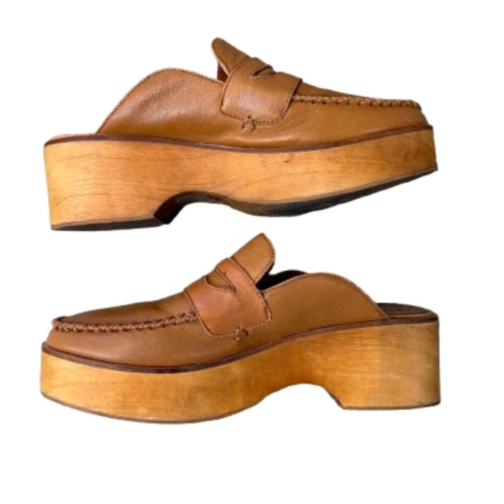 KELSI DAGGER Tan Brown Loafer Clogs Slip Ons Wood Platform Size 8